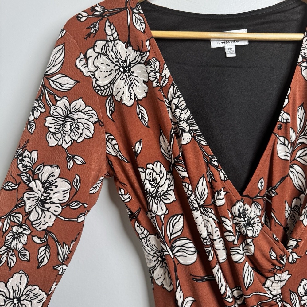 SIGNATURE By ROBBIE‎ BEE Rust White Floral Aline Dress Petite Medium NWT - Picture 4 of 7